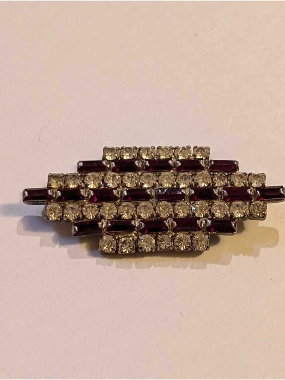 Vintage-Inspired Purple and Clear Rhinestone Bar Brooch